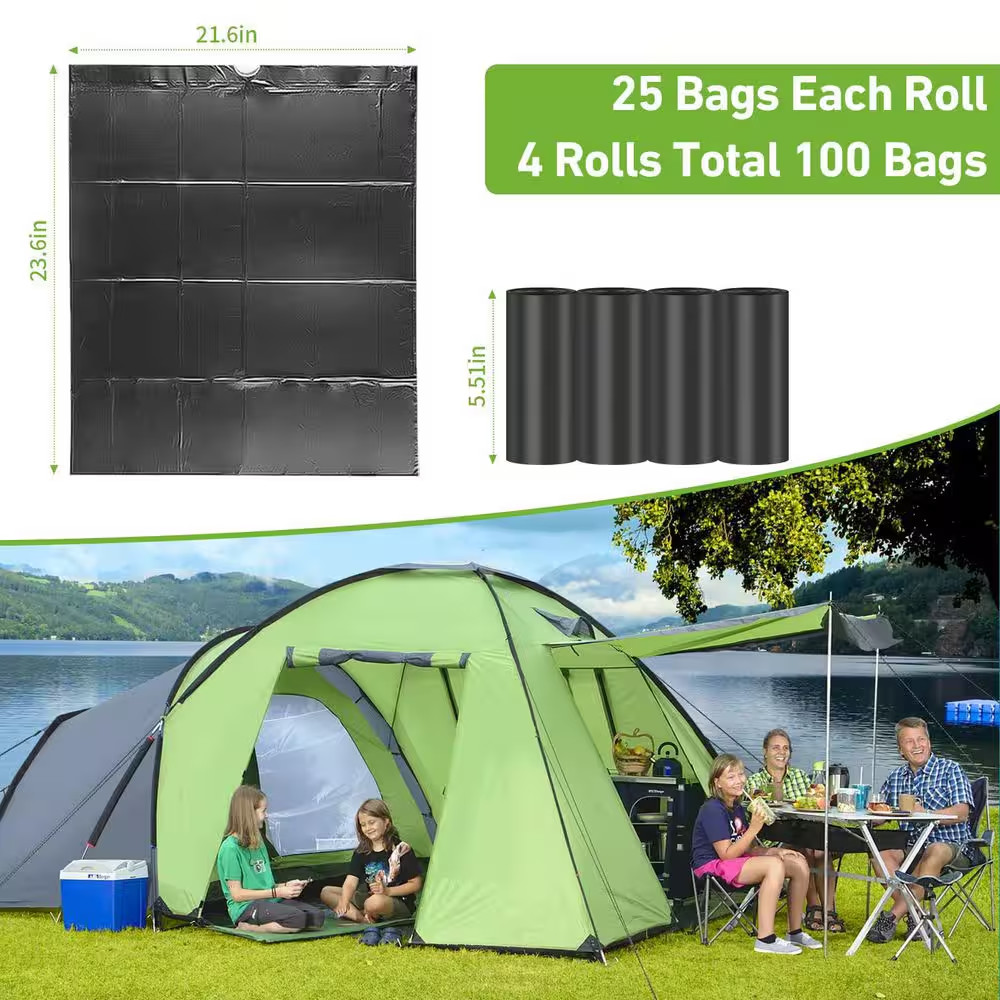 100-Count Biodegradable Portable Toilet Bags for Camping, 8 Gal. Thickened Waste