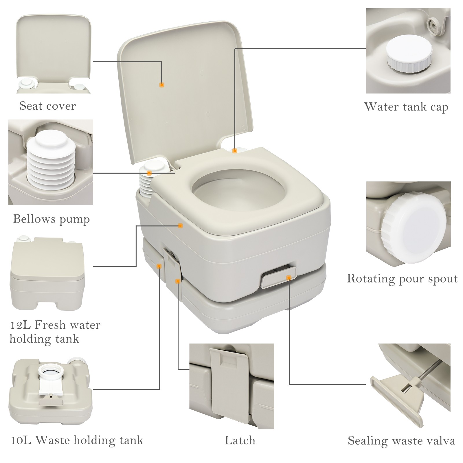 2.6 Gallon 10L Portable Toilet Commode Camping Outdoor/Indoor Toilet Flush Potty