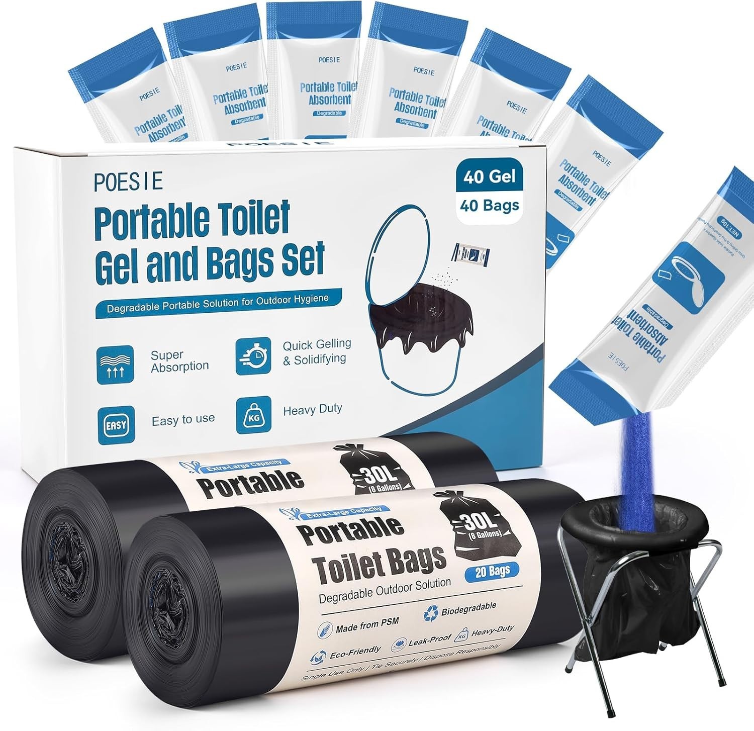 40 Pack Portable Toilet Gel Powder & Bags – Quick Solid Waste Solution for RVs