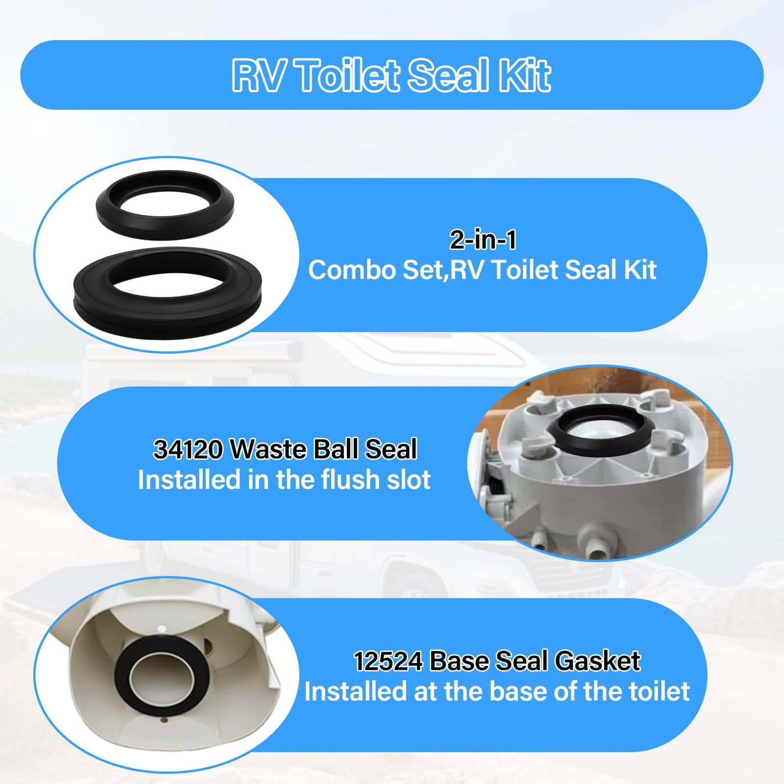 RV Toilet Seal Kit for Thetfords Aqua Magic Style Plus, Style Lite, Style II & R