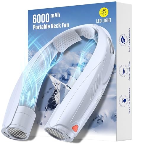 Portable Neck Fan with Reading Light, 6-Speed Wearable Fan, 6000mAh USB-C White