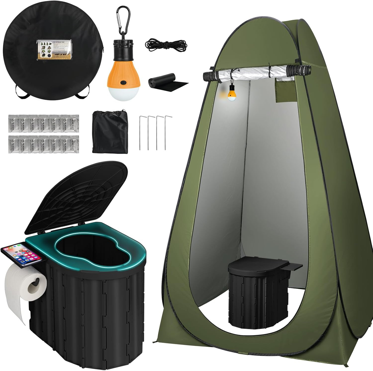 Portable Camping Toilet with Pop-Up Privacy Tent, 12-Inch Toilet Seat, Outdoor P