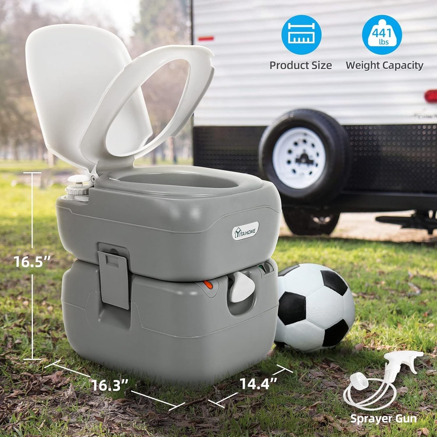 Convenient 5.8 Gallon Portable Camping Toilet with Level Indicator & Sprayer
