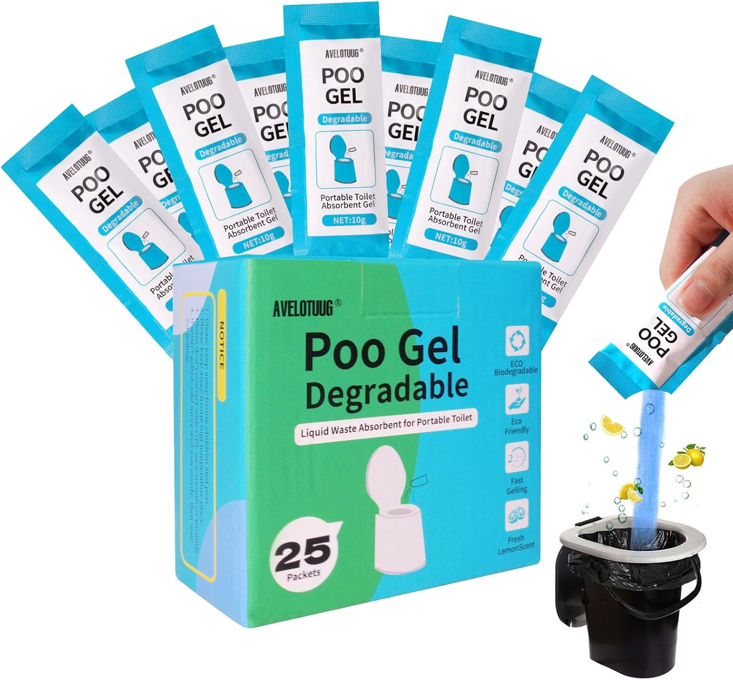 Portable Toilet Absorbent Gel Powder, 25 Pack Poo Gel for Camping Toilet Solid W