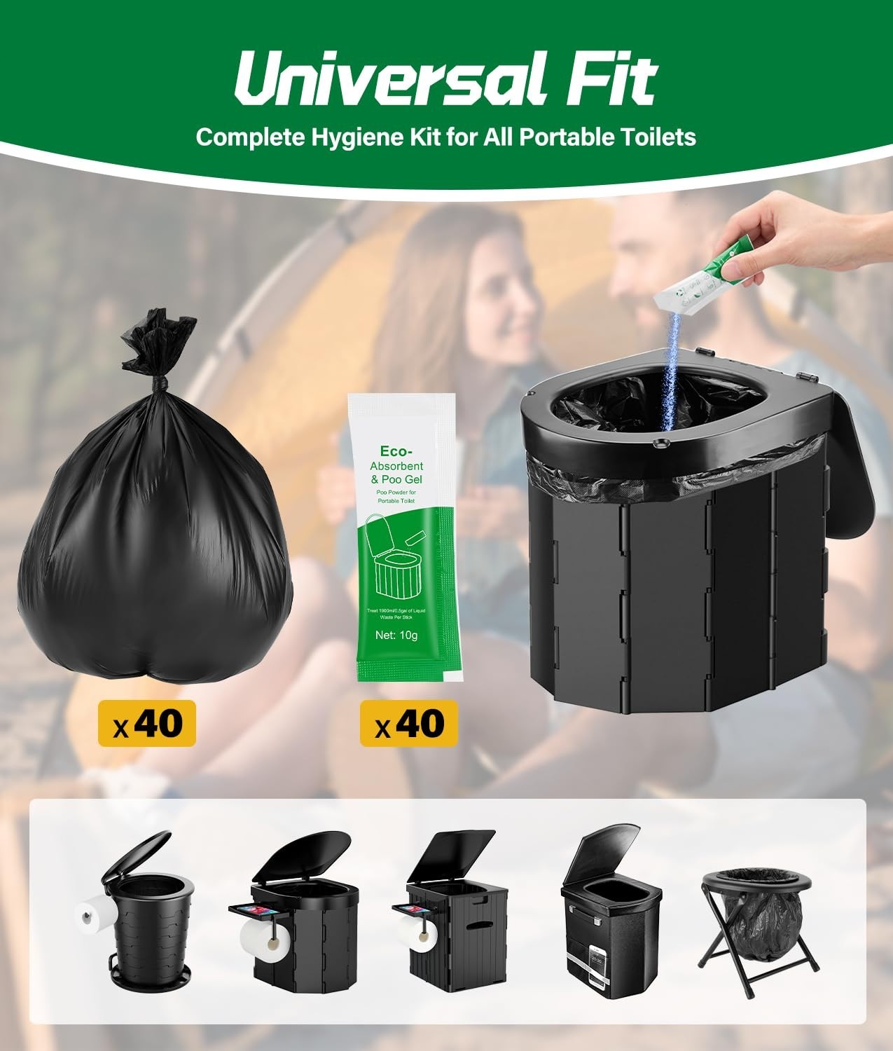 40 PACK 12 Gallon Camping Toilet Bag with Eco Super Absorbent Power