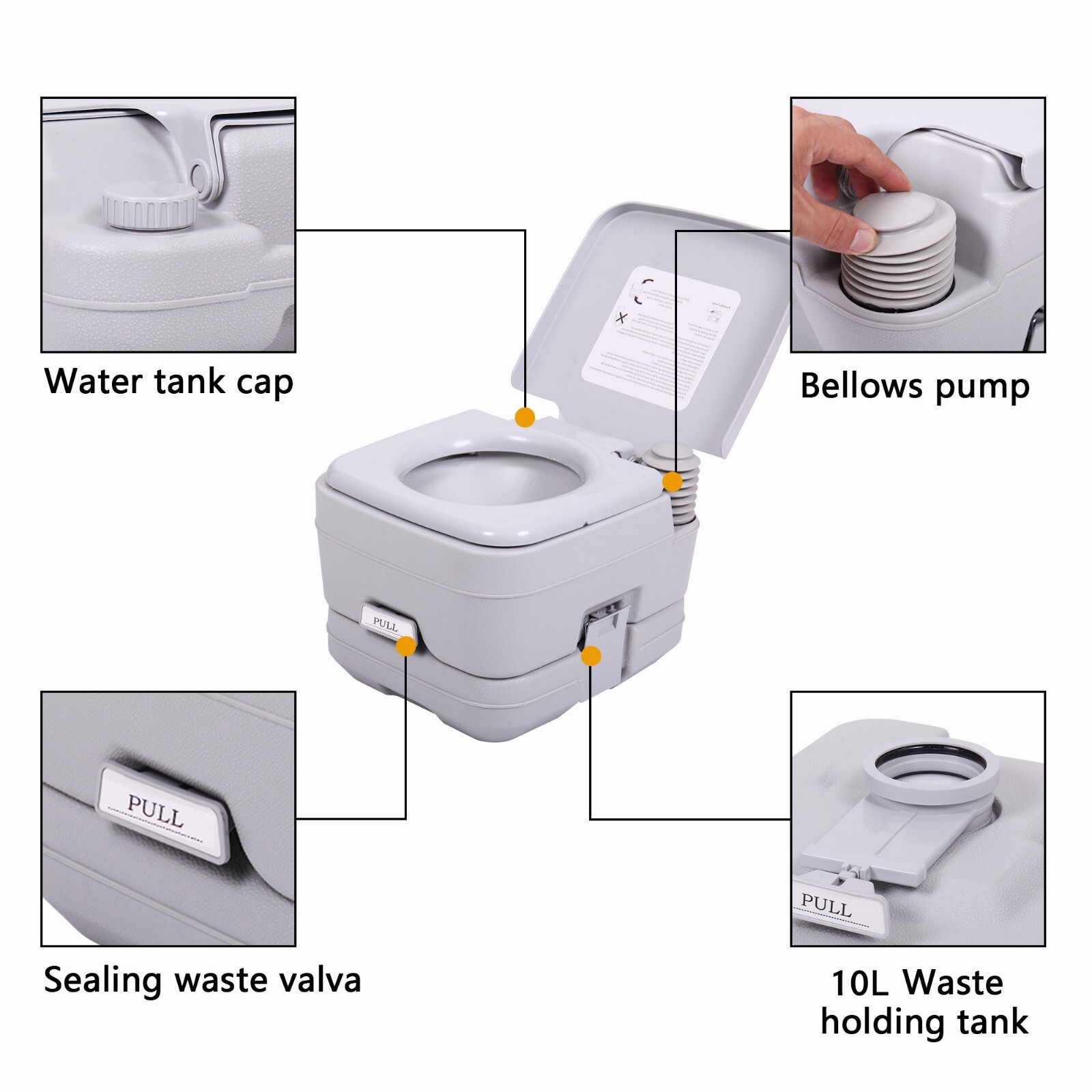 10L Portable Camping Toilet 2.6 Gallon Flush Travel Vehicle Boat Toilet Potty