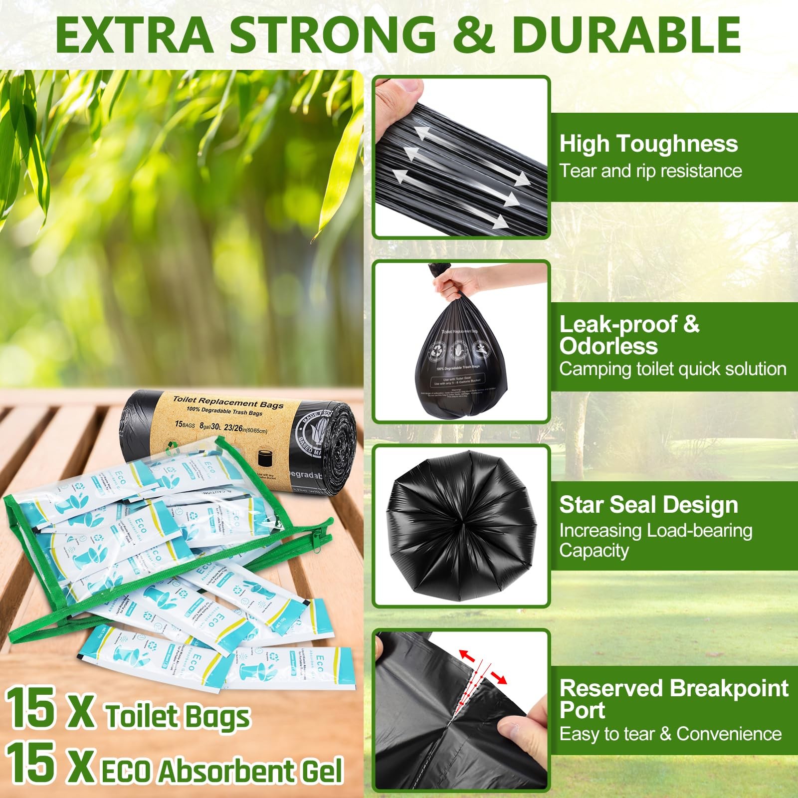Camping Toilet Bags 15 Count 8 Gallon Heavy Duty 1 Mil – Eco Absorbent Gel Kit