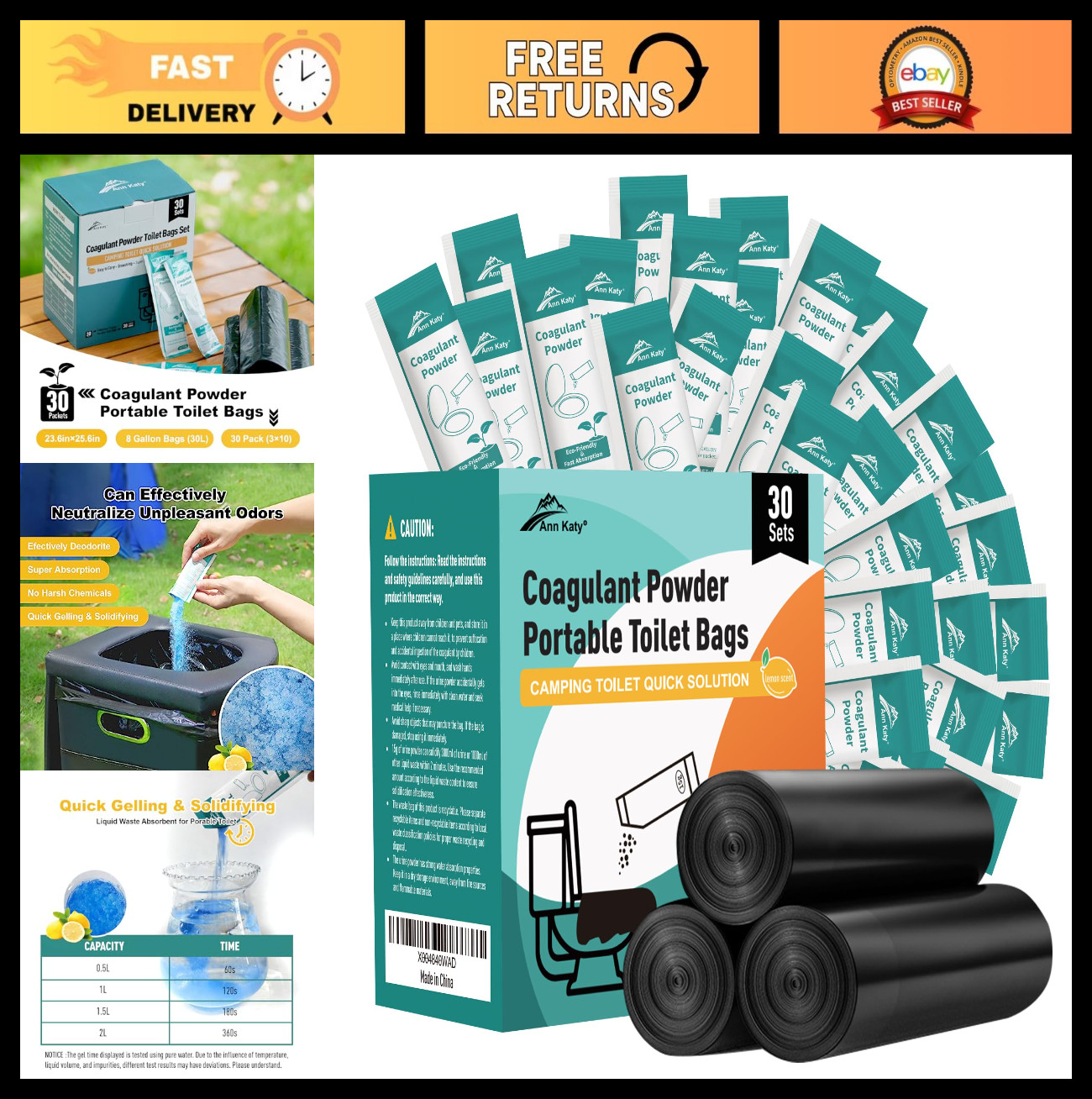 Portable Super Absorbent Polymer Camp Toilet Chemicals – 30 Packs, Fast-Absorbin