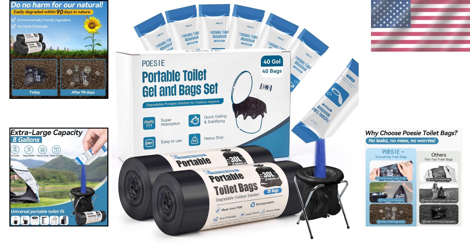 40 Pack Portable Toilet Gel Powder & Bags – Quick Solid Waste Solution for RVs