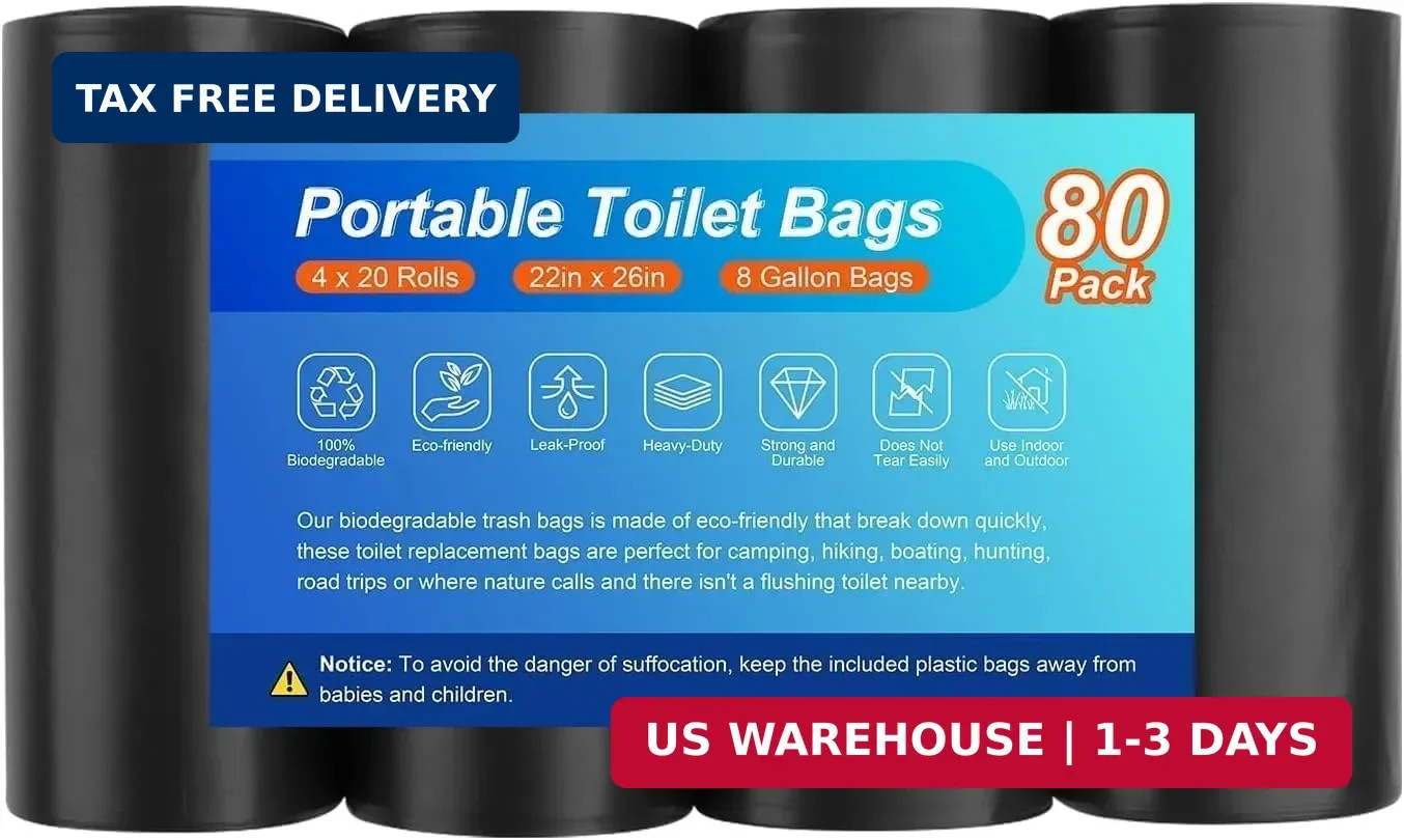 80 Portable Camping Toilet Bags, Biodegradable 8 Gallon Trash Garbage Bags | Por