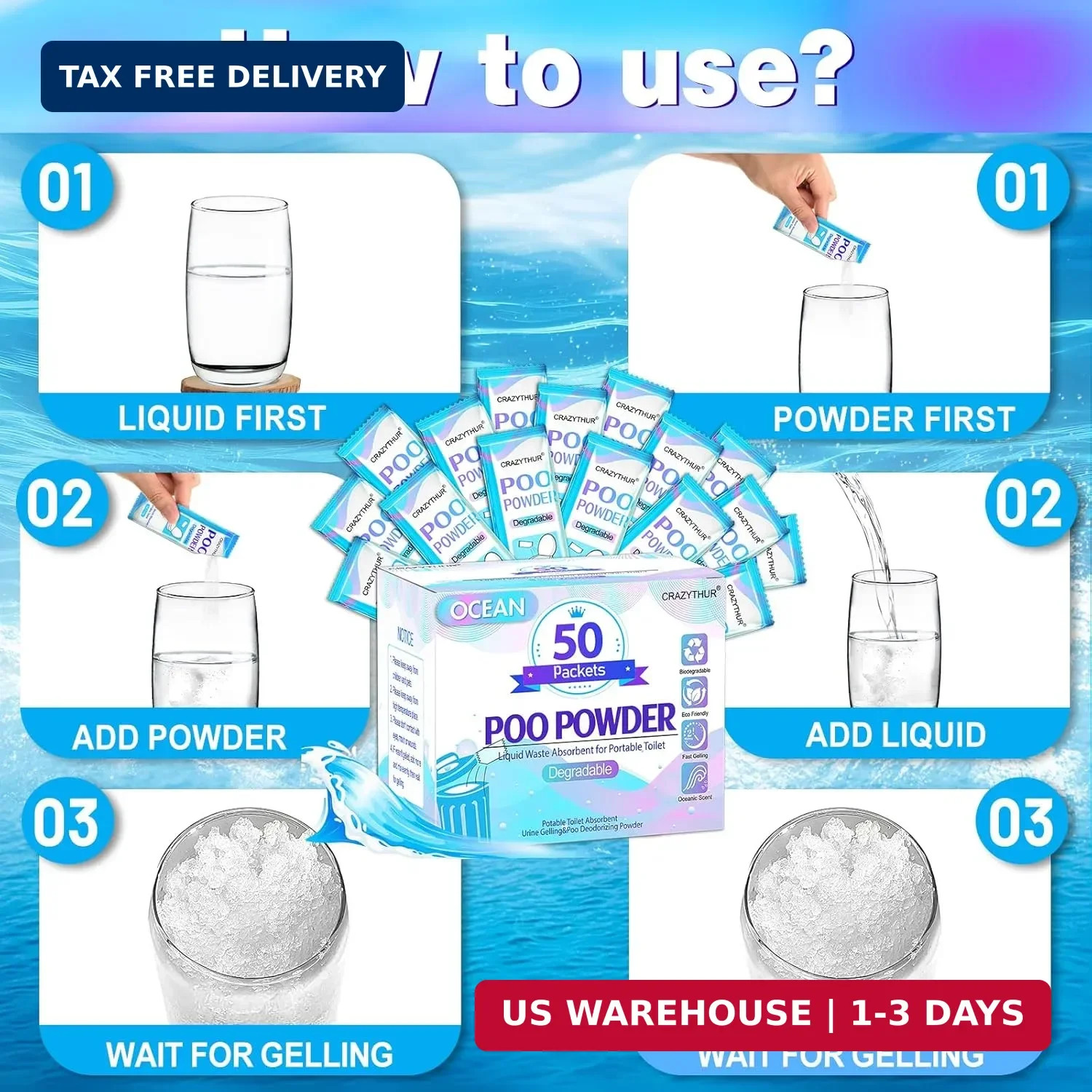 Poo Powder for Portable Toilet Gel Powder, Camping Toilet Gel 50PCS | Ocean Scen