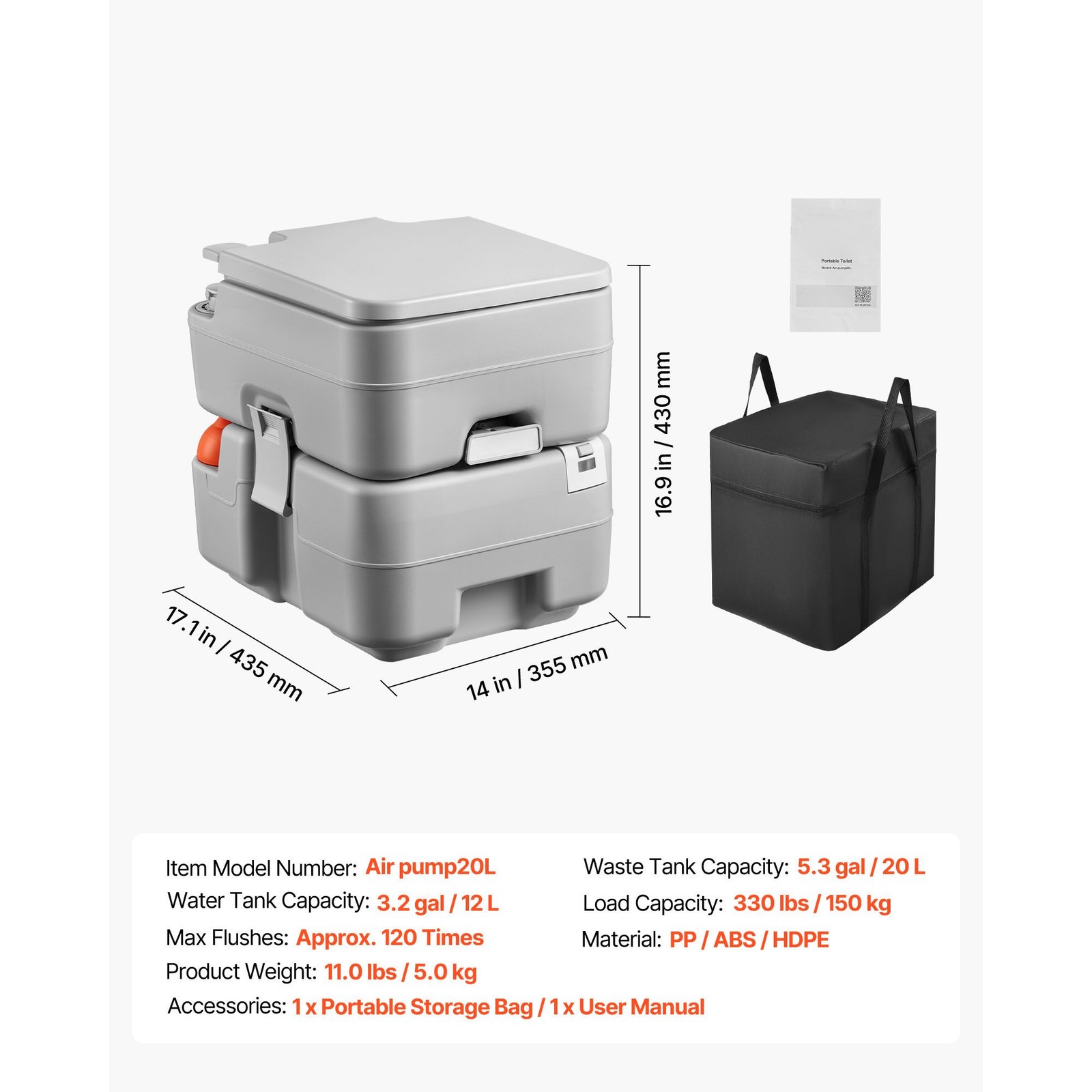 5.3 Gallon Portable Toilet, Detachable Waste Tank, 120 Flushes, Camping Potty