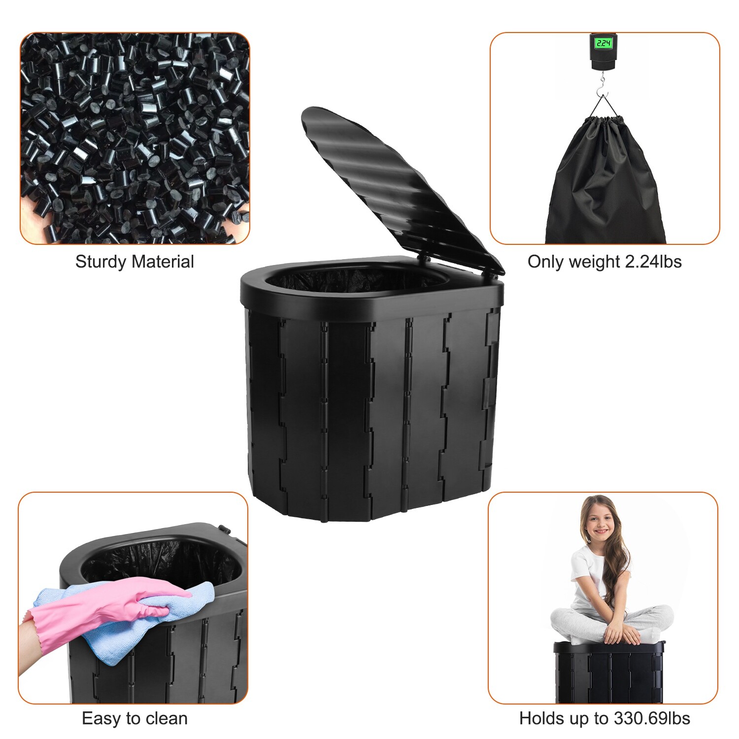 Portable Toilet for Adults Foldable Camping Potty with Lid Carry Bag Garbage Bag
