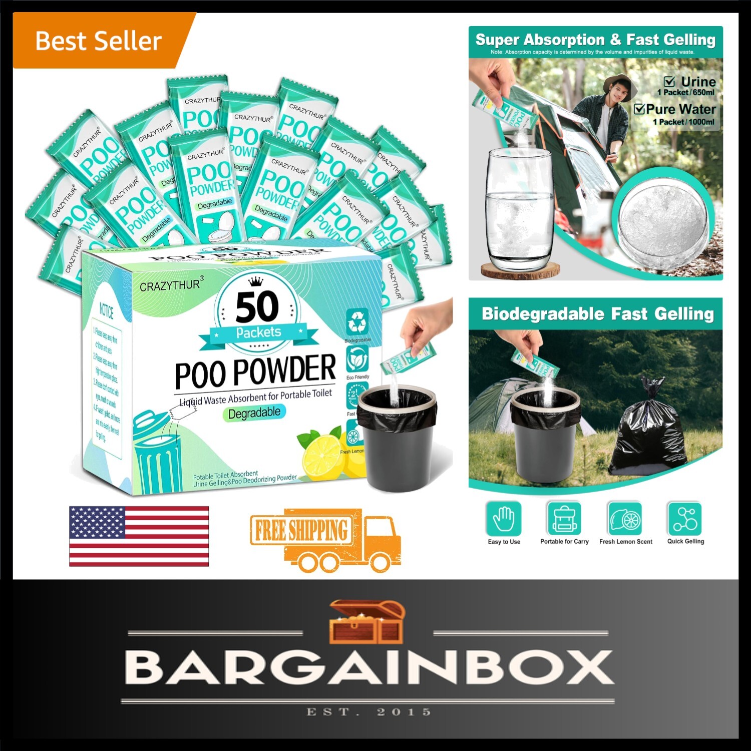 Eco-Friendly Portable Toilet Gel, 50 Lemon-Scented Packets for Camping