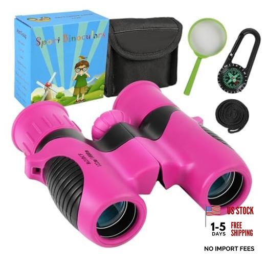 Portable 8×21 Binocular for Kids with Compass Carabiner&Magnifying Rose-Pink