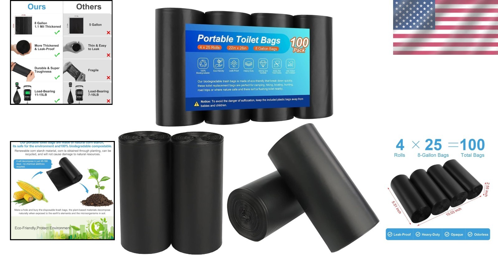 Travel-friendly Portable Toilet Bags, 100 Pcs, 8 Gallon