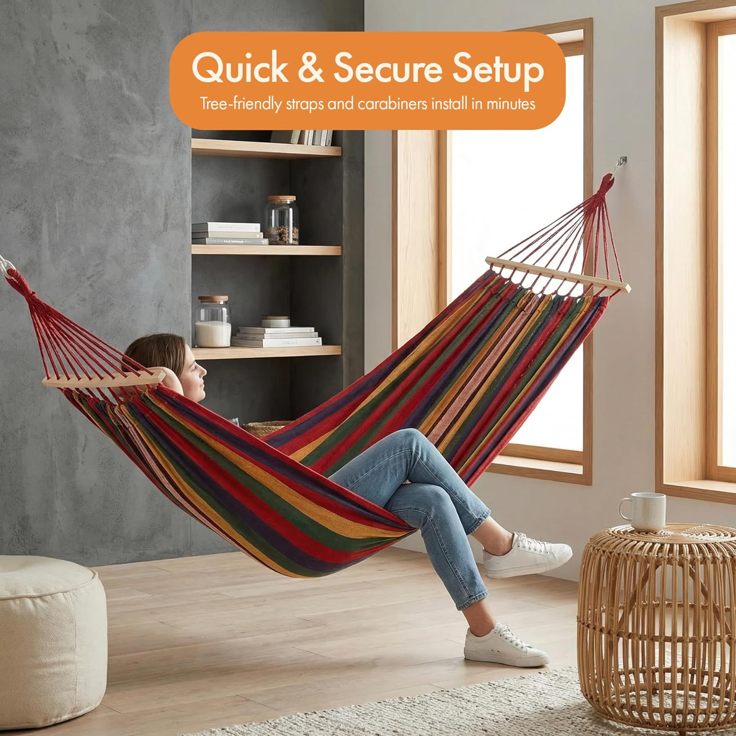 Multicolor Striped Fabric Hammock with Wood Spreader Bars Portable Outdoor Hangi