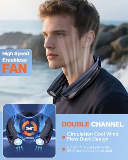 Portable Neck Fan, 6000mAh Personal Fan, 360° Cooling Rechargeable Black