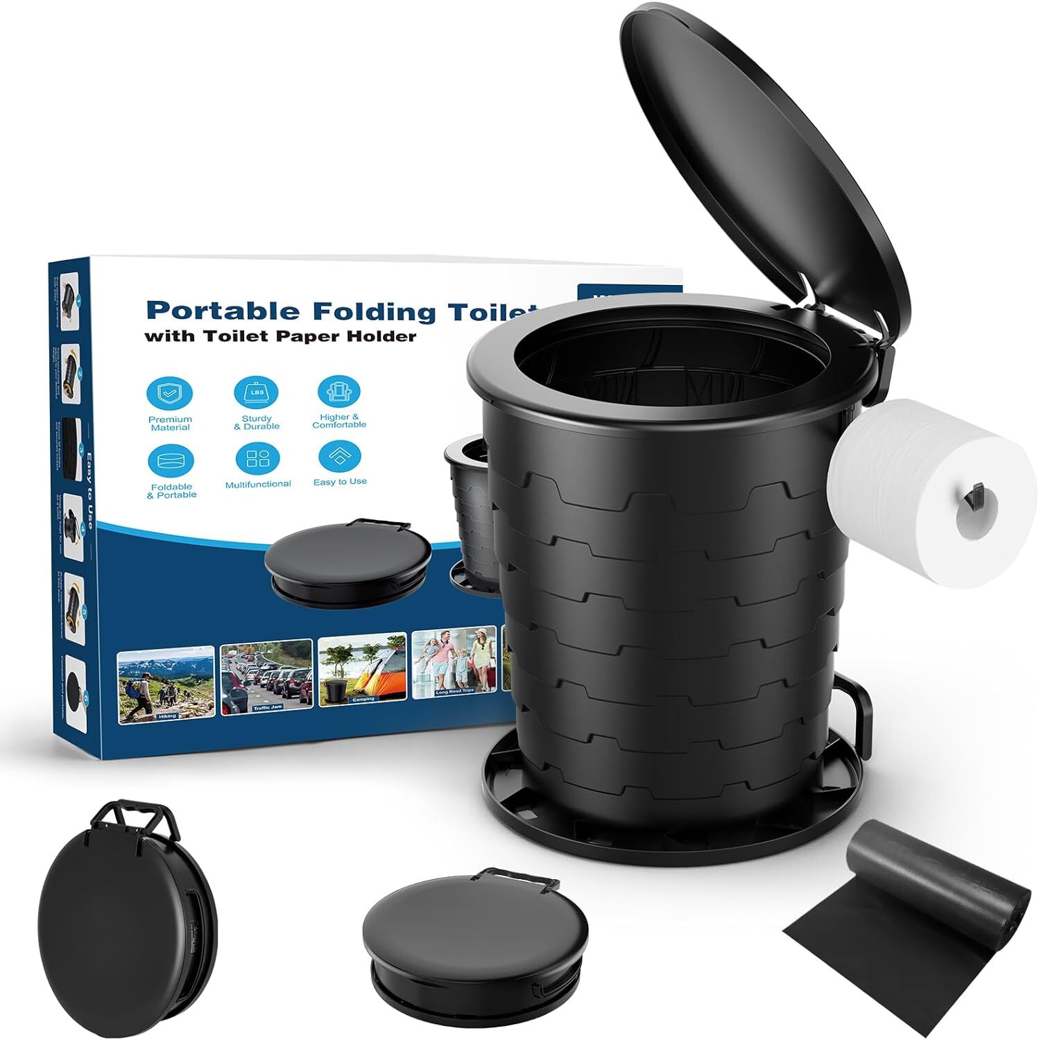 Upgraded 2nd Generation Retractable Portable Toilet with Paper Holder&Lid