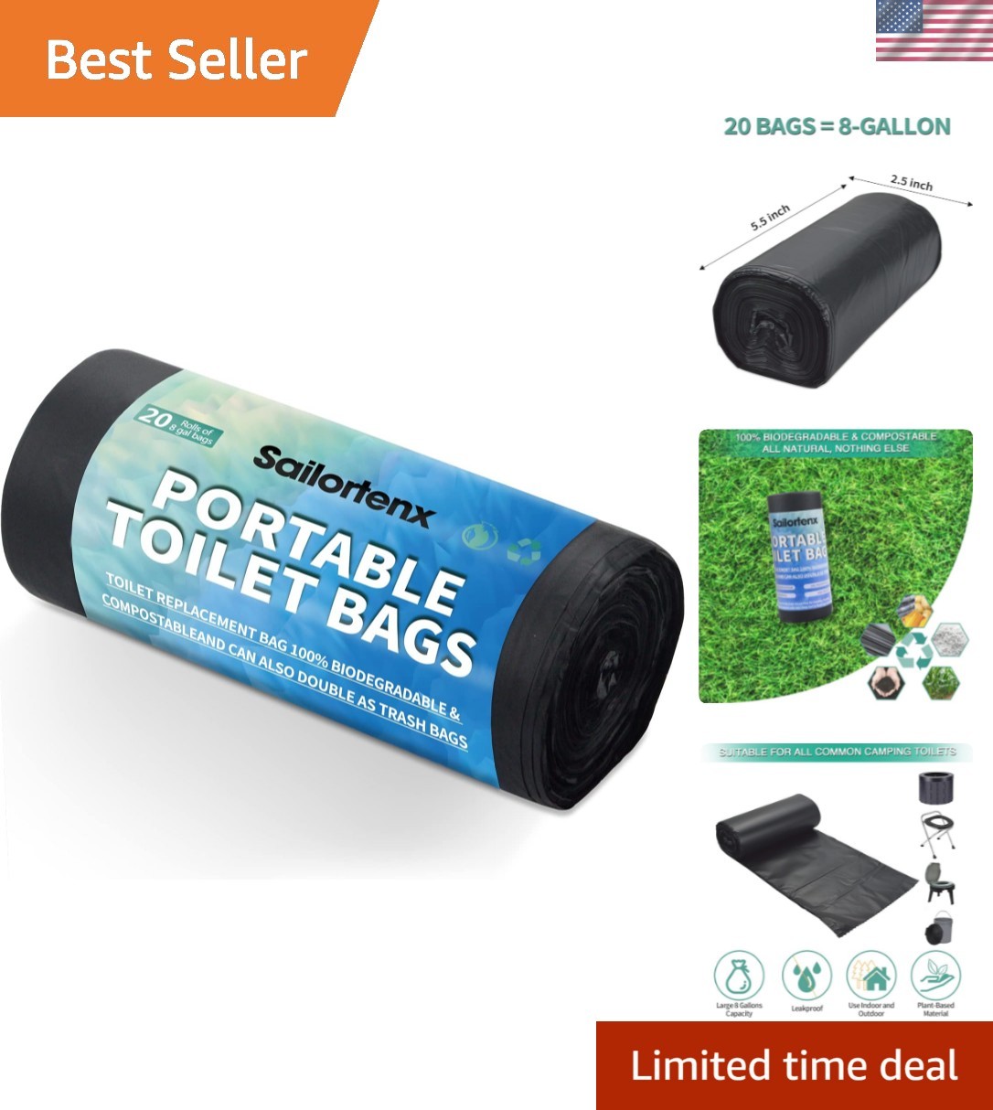 80/60/20 Portable Camping Toilet Bags 100% Compostable 8 Gallon Use with 5 Ga…
