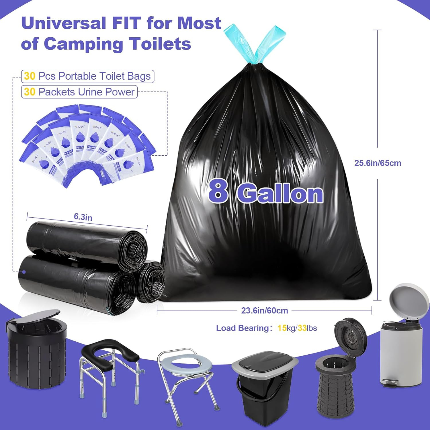 30 Portable Toilet Bags with 30 Poo Gel Set, 8 Gallon Camping Toilet Bags