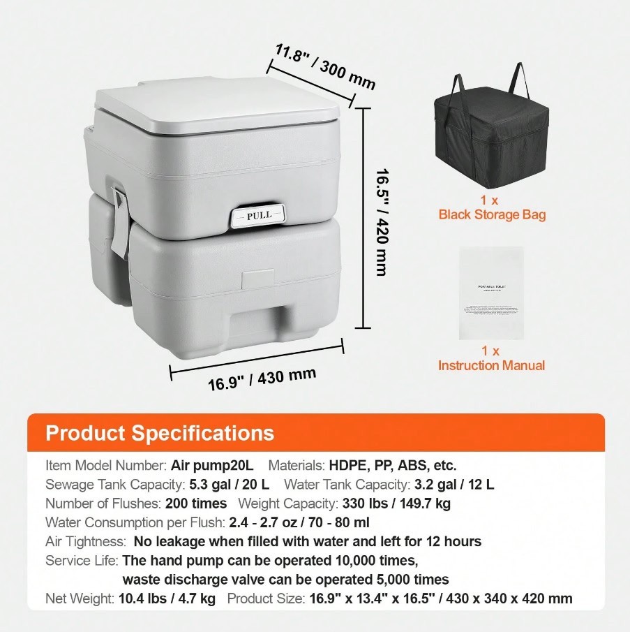 Portable Flush Camping Toilet 5.3 Gal Waste Tank 3.2 Gal Water Tank Carry Bag
