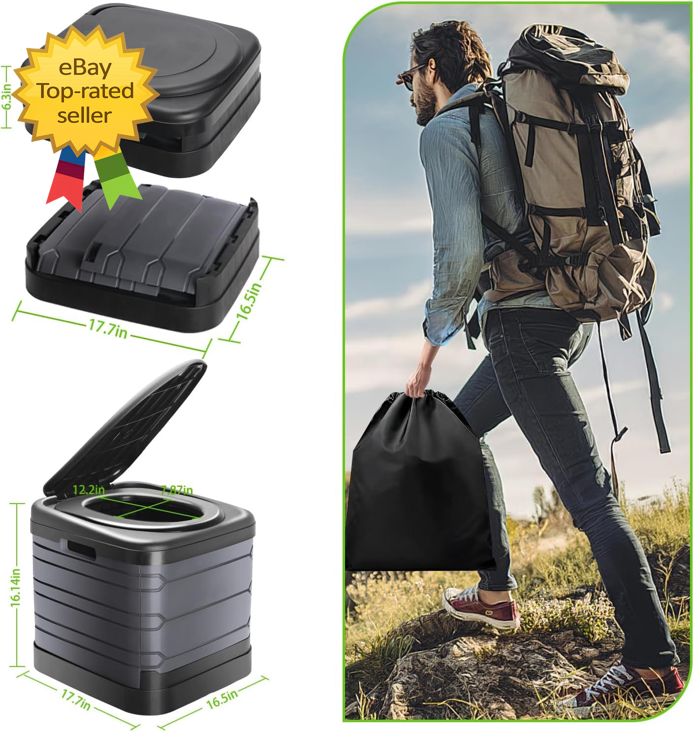 XXL Portable Camping Toilet 16 Inch Tall with Lid Carry Bag Heavy Duty Potty“`