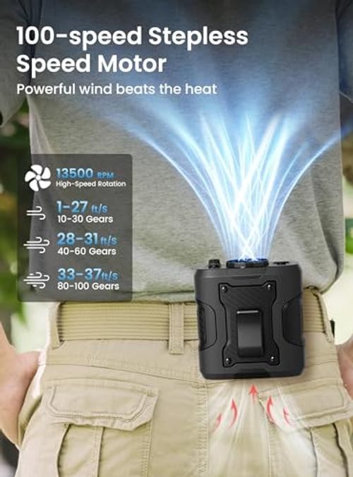 Waist Clip-on Shirt Fan, 100 Levels of Speeds, 24H Use Time | Cool Clip Black