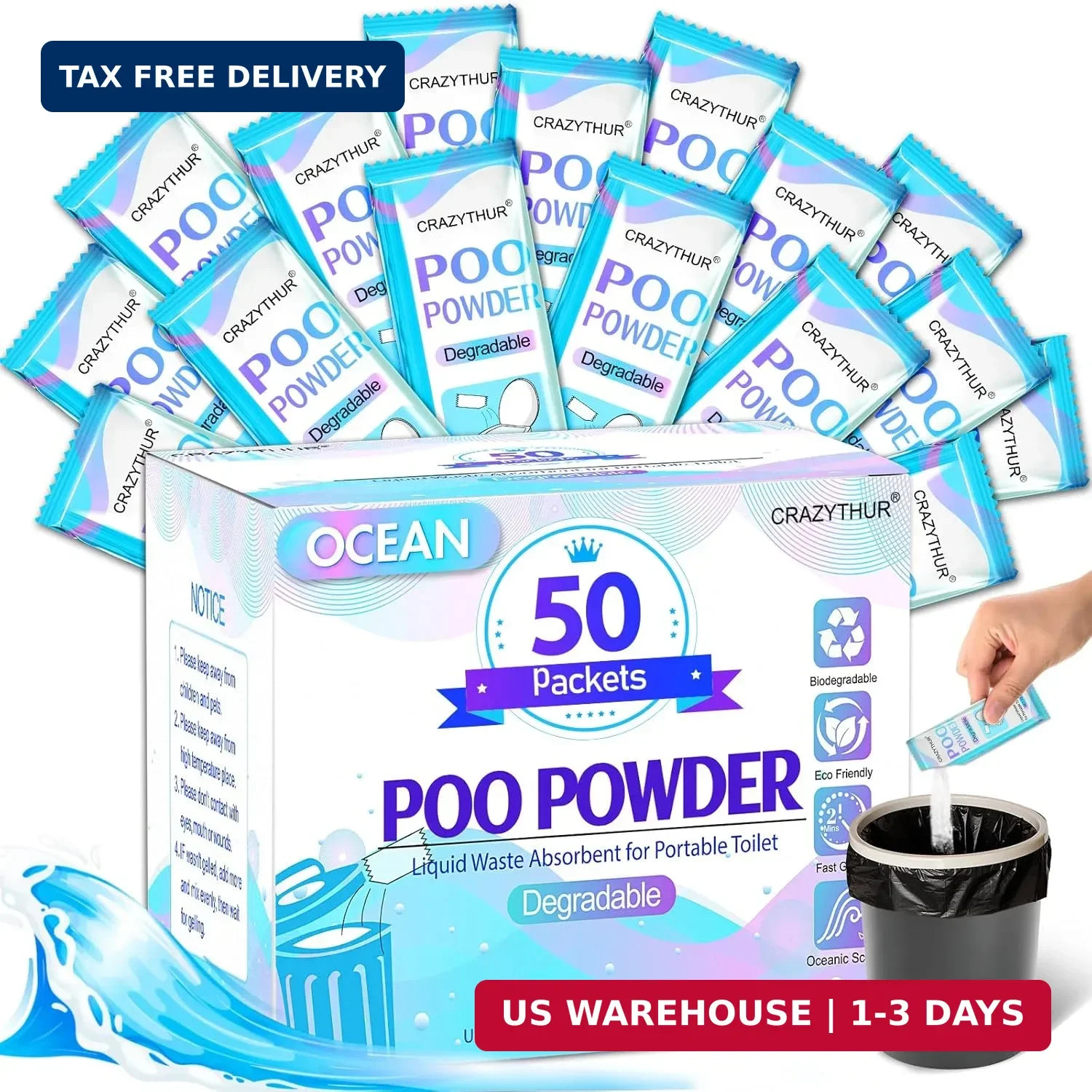 Poo Powder for Portable Toilet Gel Powder, Camping Toilet Gel 50PCS | Ocean Scen