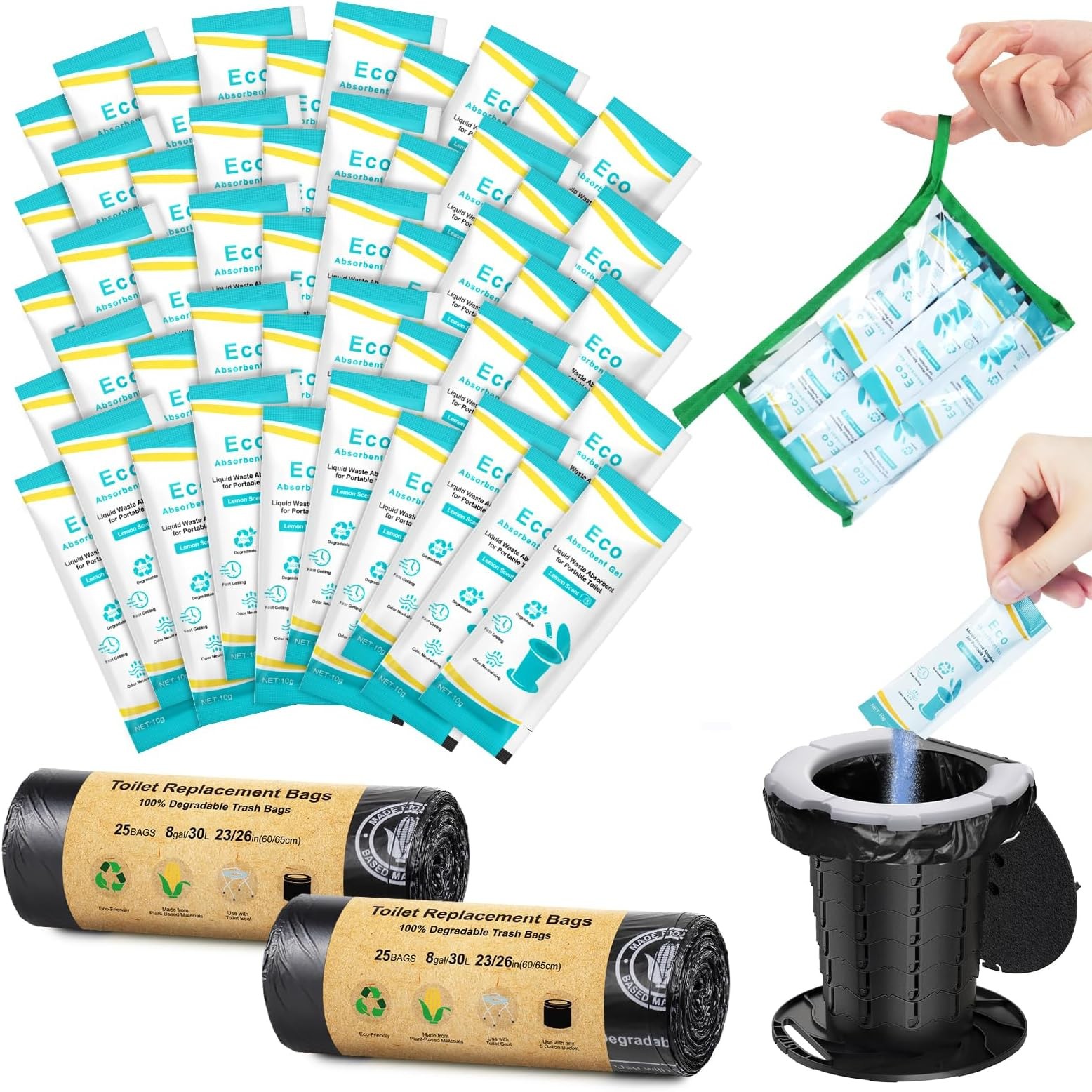 BLIKA Camping Toilet Bags Absorbent Gel Set, Portable Toilet Bags with Gel, 8…