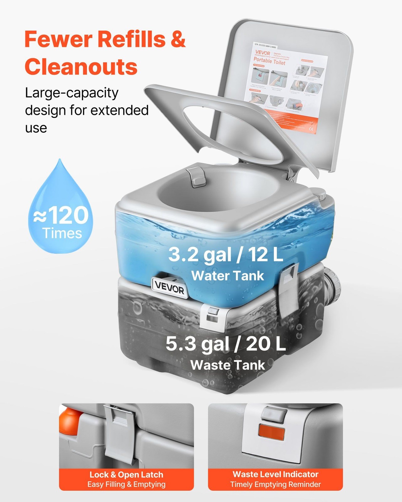 Compact Toilet for Travel: 5.3gal Tank, Level Indicator, Easy-Clean Seat & Lid
