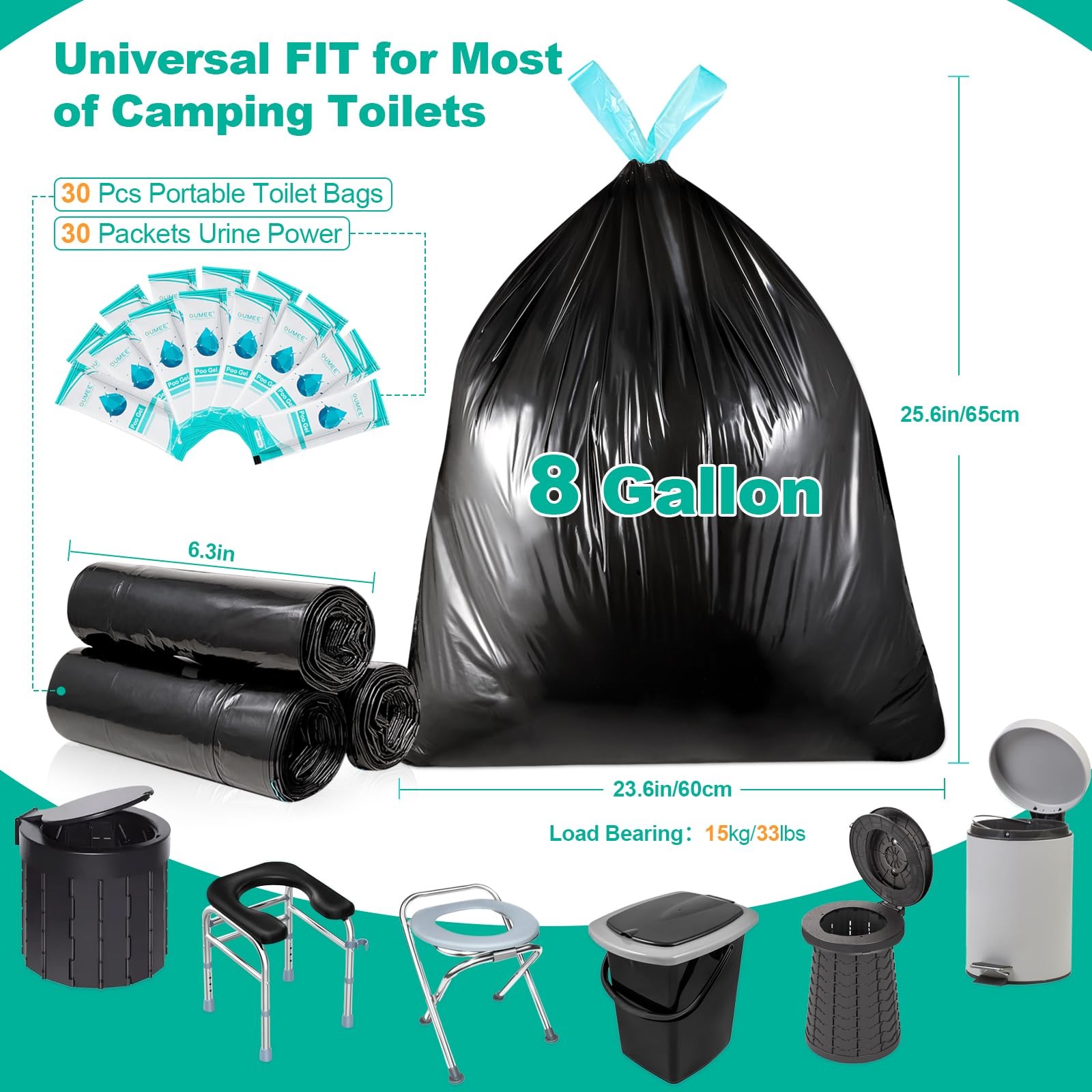60 Portable Toilet Bags with Poo Gel Set, 8 Gallon Camping Toilet Bags with A…