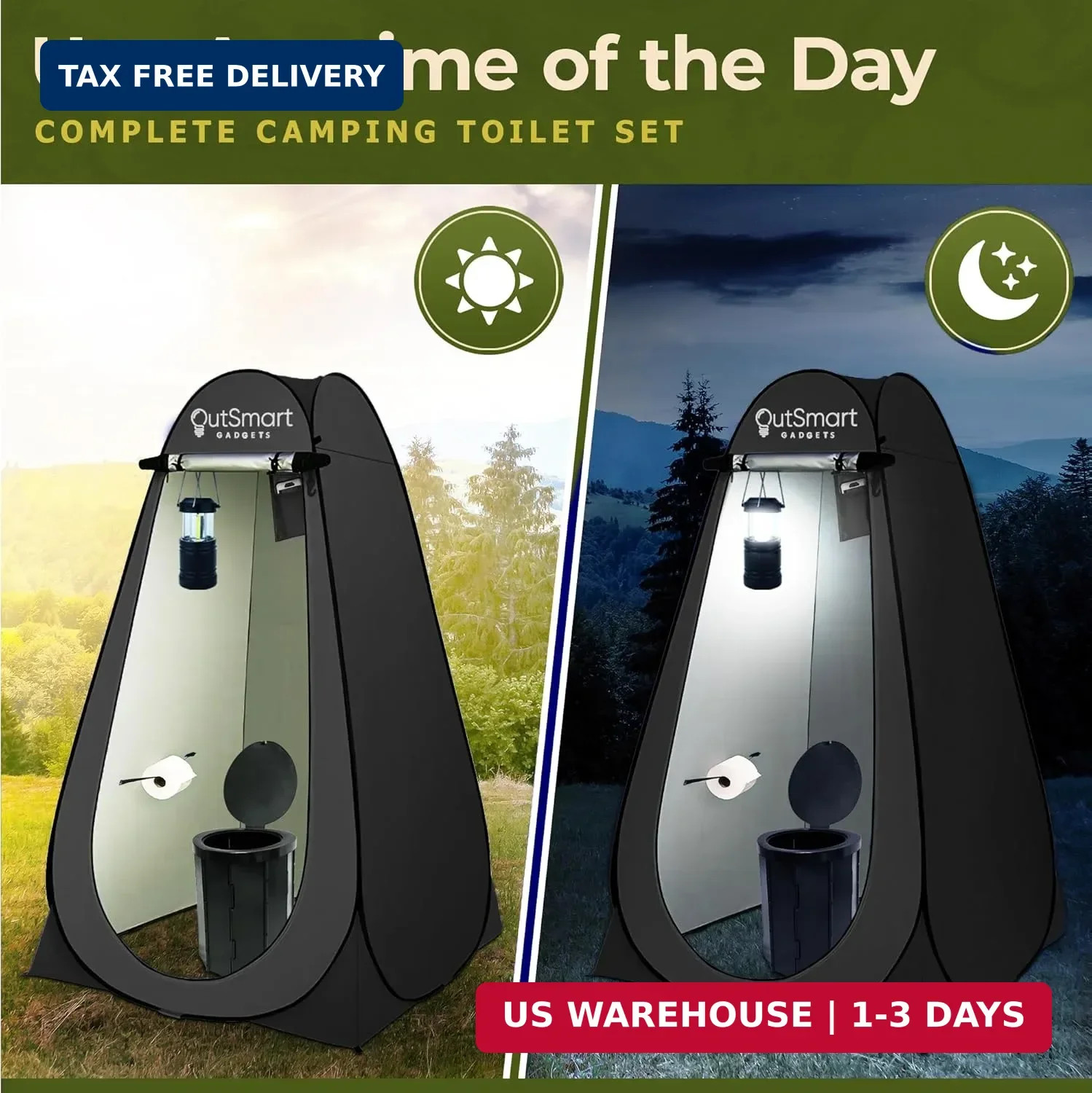 Outsmart Gadgets Outdoor Portable Toilet Set for Adults with Camping Night Lante