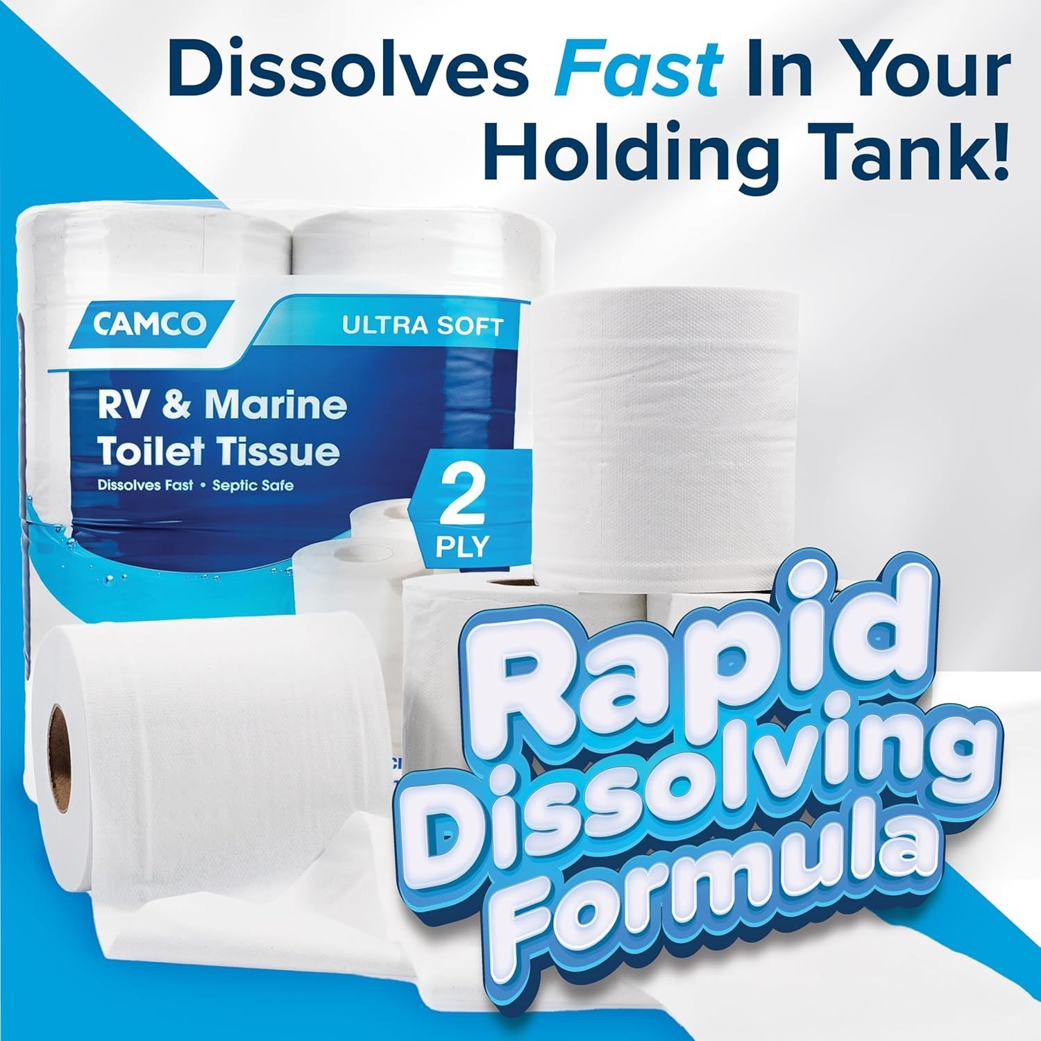 Camco Marine & RV Toilet Paper 2-Ply Septic Safe Dissolves Fast Camping 4-Rolls