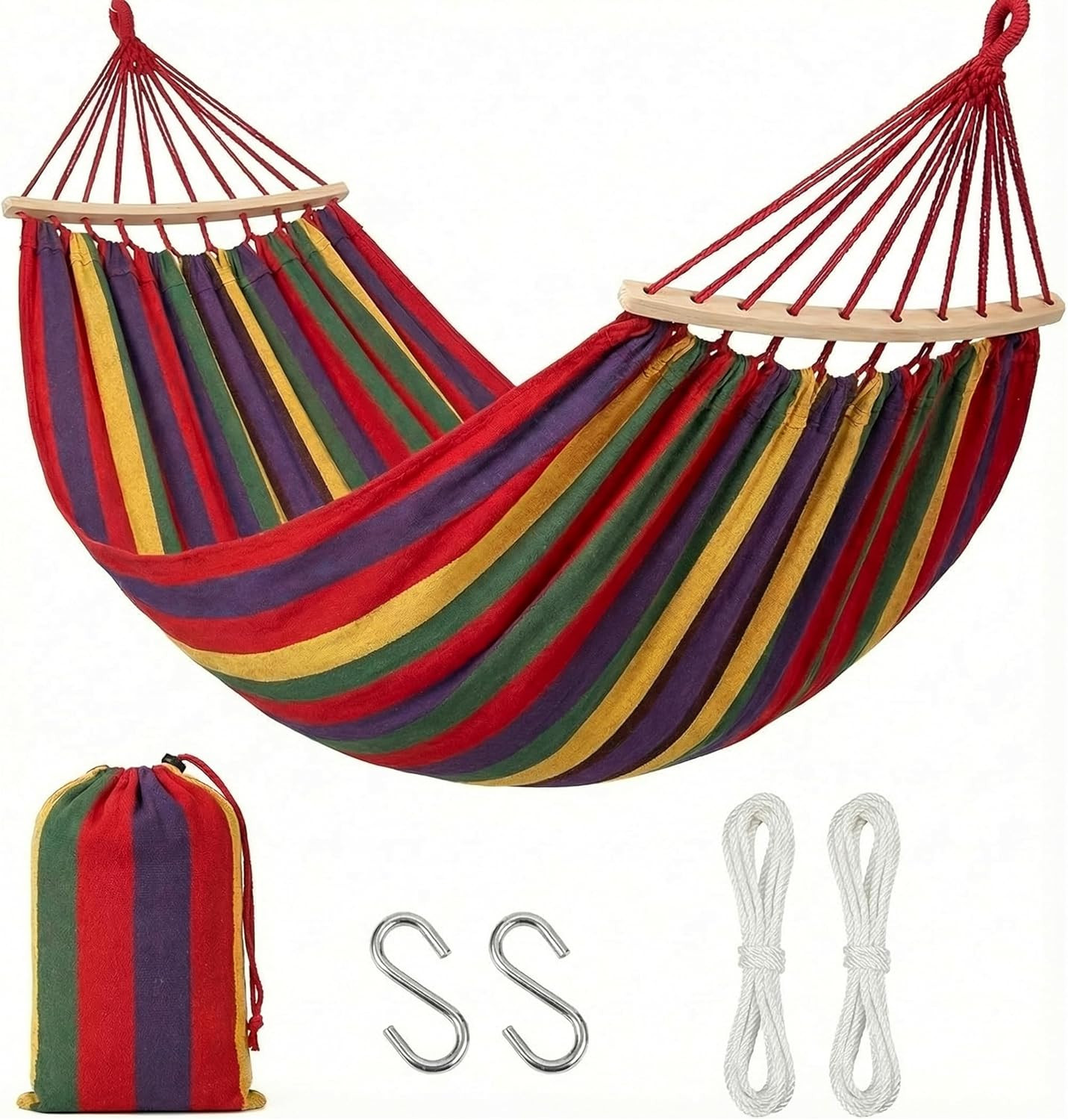 Multicolor Striped Fabric Hammock with Wood Spreader Bars Portable Outdoor Hangi