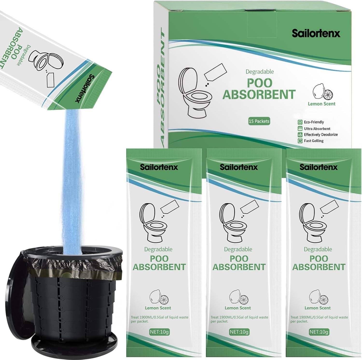 Eco-Friendly Portable Toilet Absorbent – Fast-Gelling Lemon-Scented Gel 15 Pack