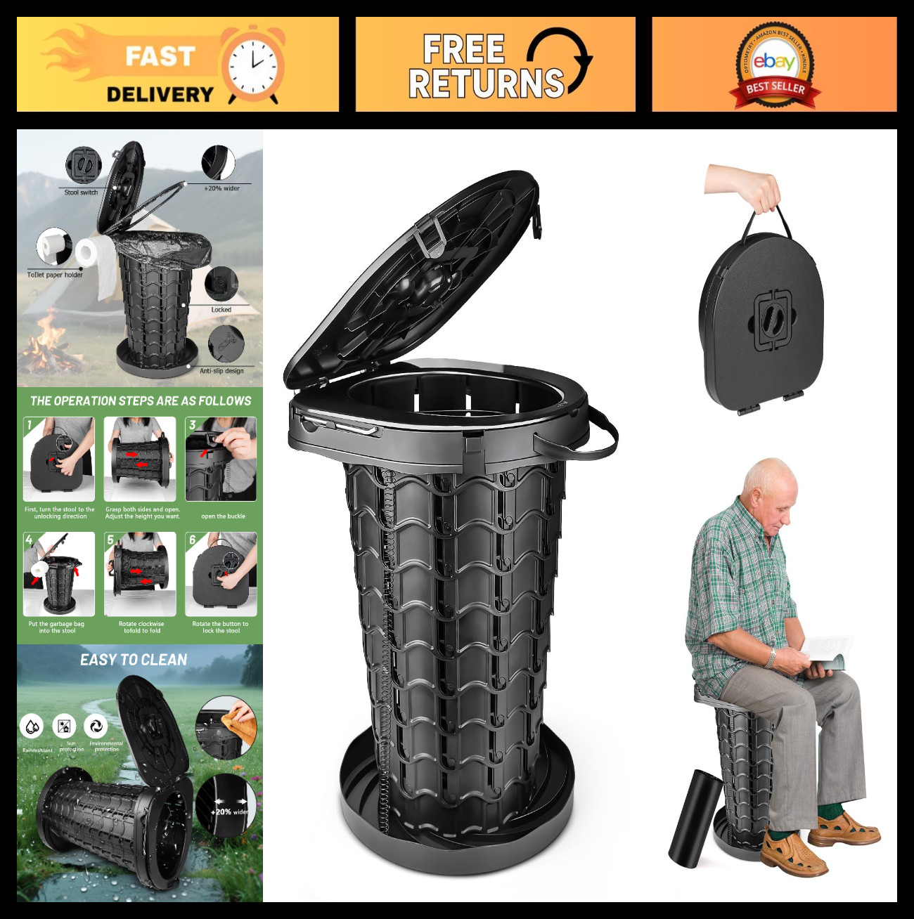 XXL Portable Retractable Camping Toilet – Adjustable Height, 440lbs Capacity, Co