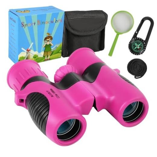 Portable 8×21 Binocular for Kids with Compass Carabiner&Magnifying Rose-Pink