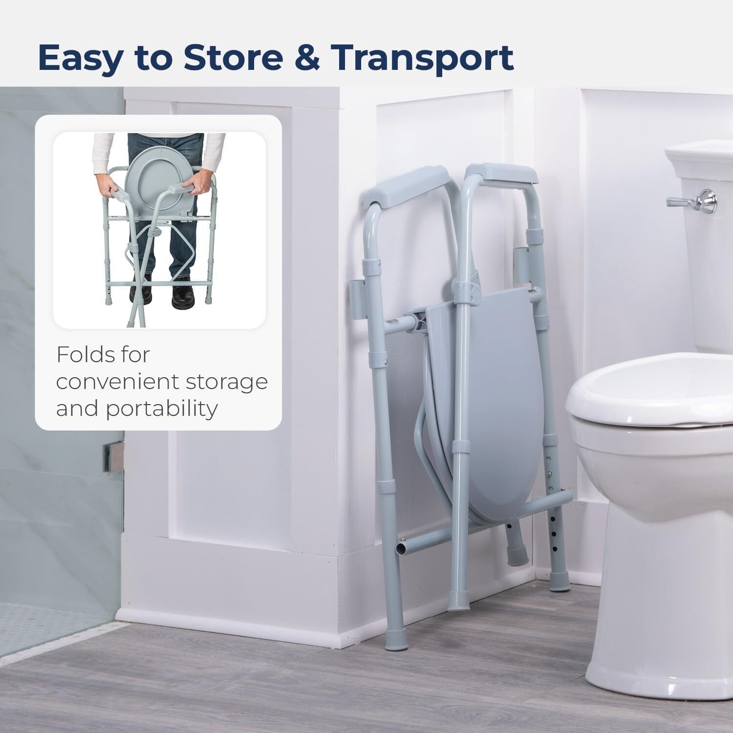 Folding Steel Bedside 3-In-1 Commode Chair Portable Toilet with 7.5 Qt. Bucket