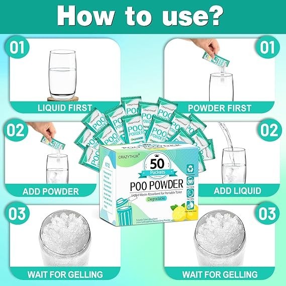 Eco-Friendly Portable Toilet Gel, 50 Lemon-Scented Packets for Camping