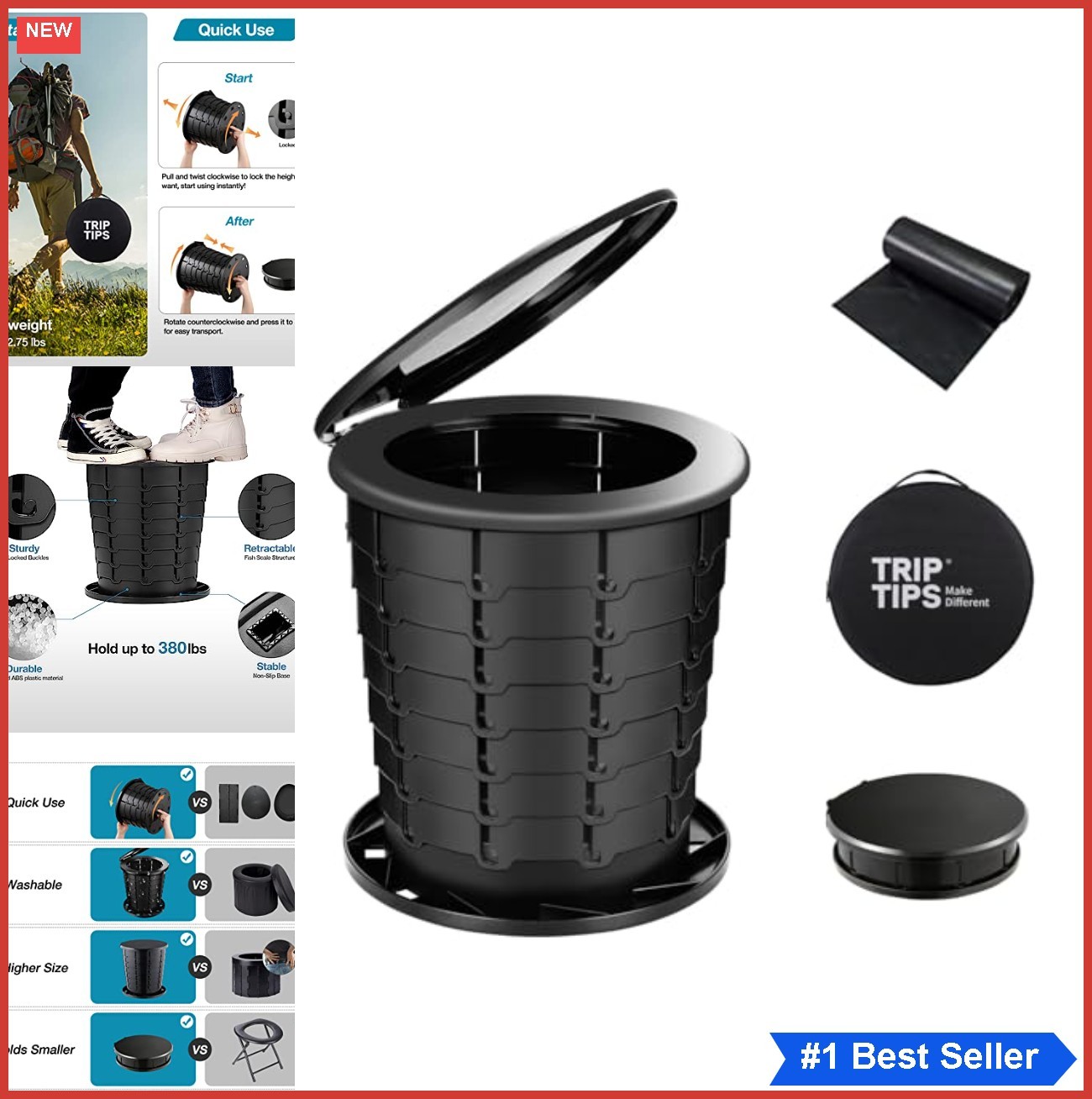 Retractable Portable Toilet Adjustable Height 13 Inch 380lbs Camping Folding