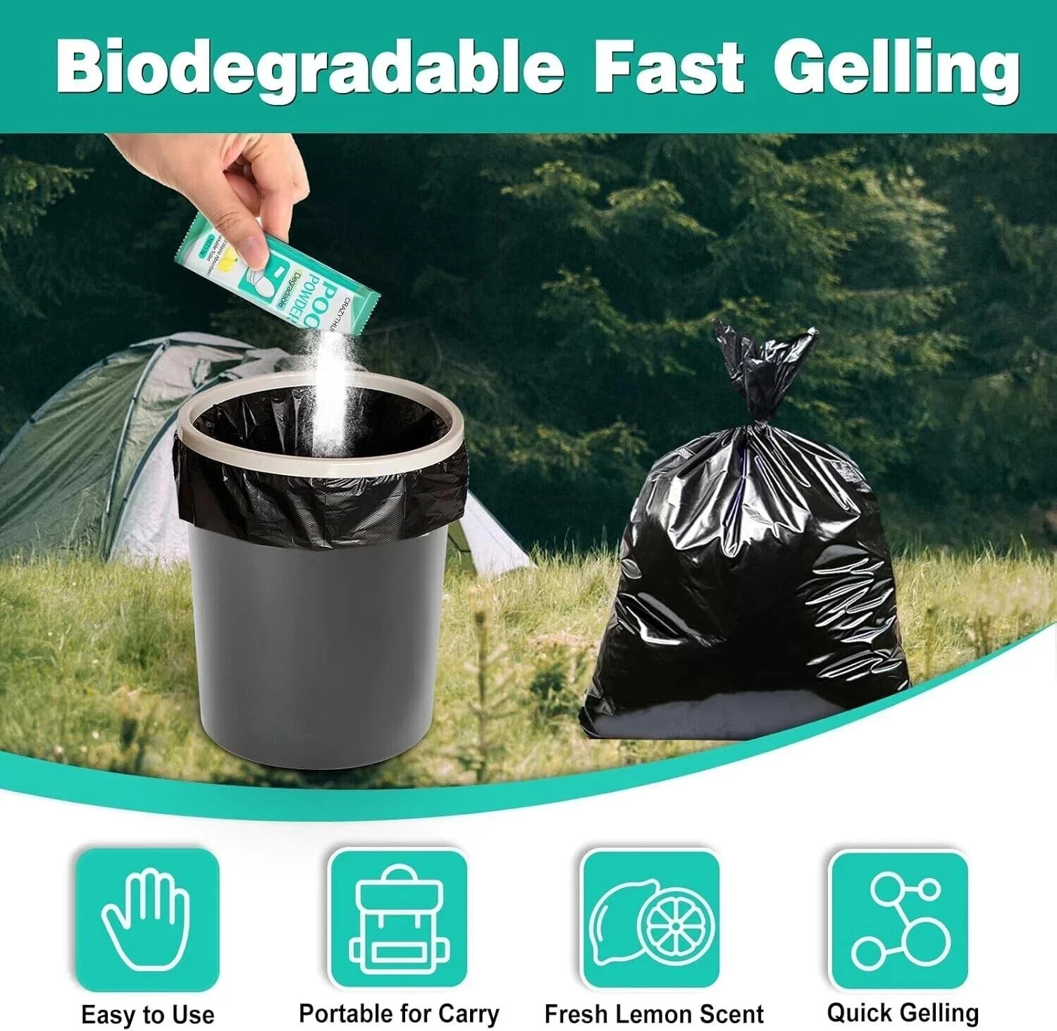 Eco-Friendly Portable Toilet Gel, 50 Lemon-Scented Packets for Camping