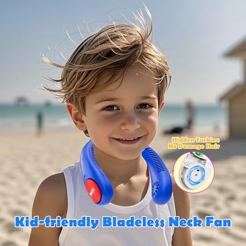 Kids Neck Fan, Portable Bladeless Neck Fan for Kids 4-14Y, 2600mAh Blue & Red