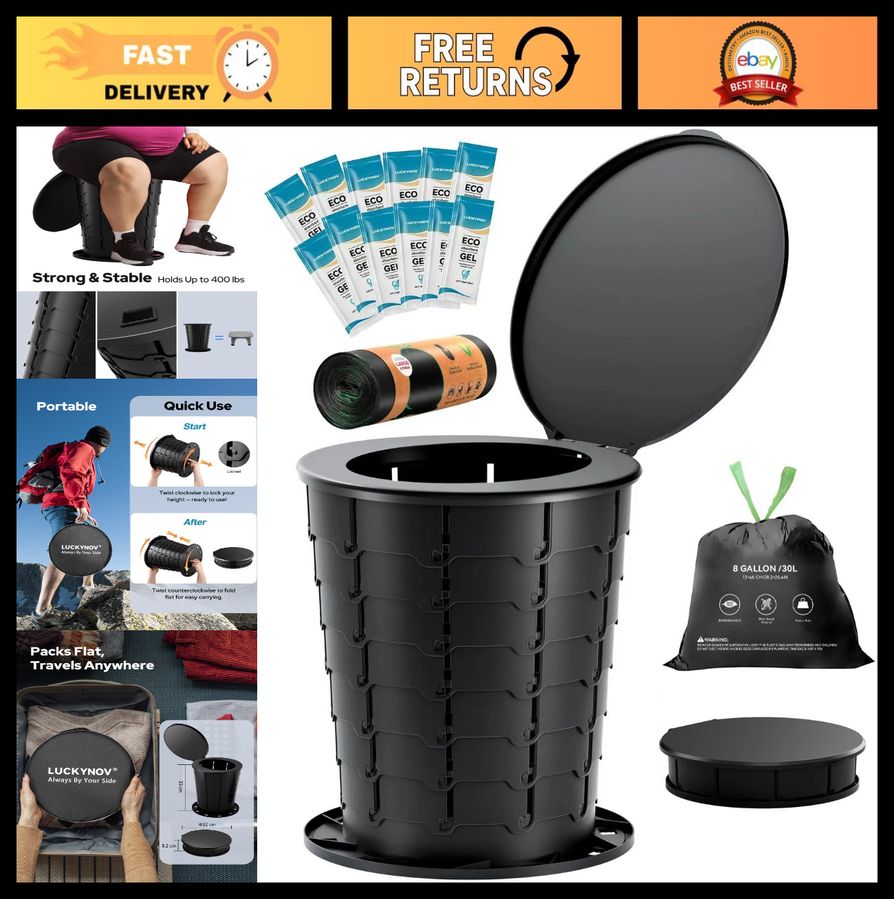 Height Adjustable Portable Folding Toilet for Camping & Travel | 400 lbs Capacit