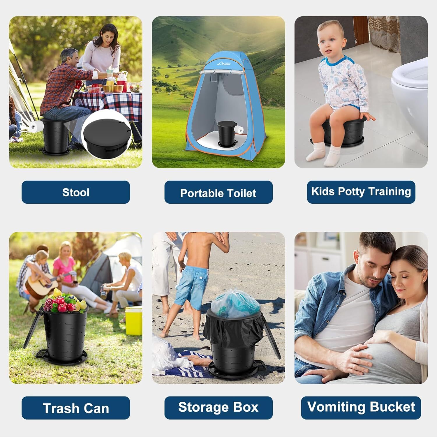 Portable Toilet Retractable Porta Potty for Camping with Paper Holder and Lid