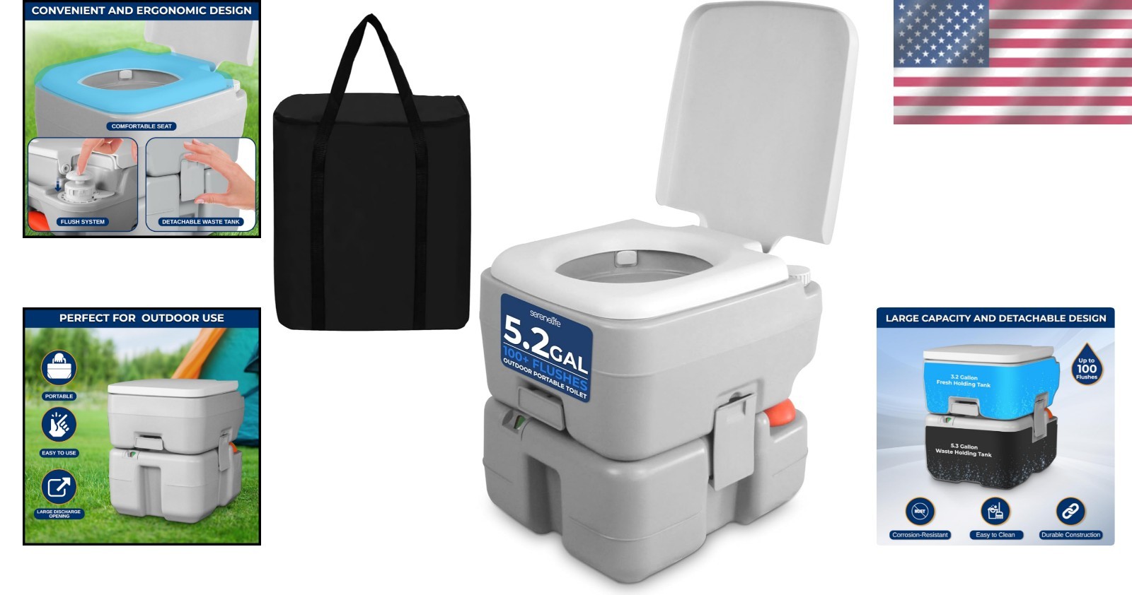 Portable Travel Toilet | 5.3 Gal Waste Tank, 50+ Flushes