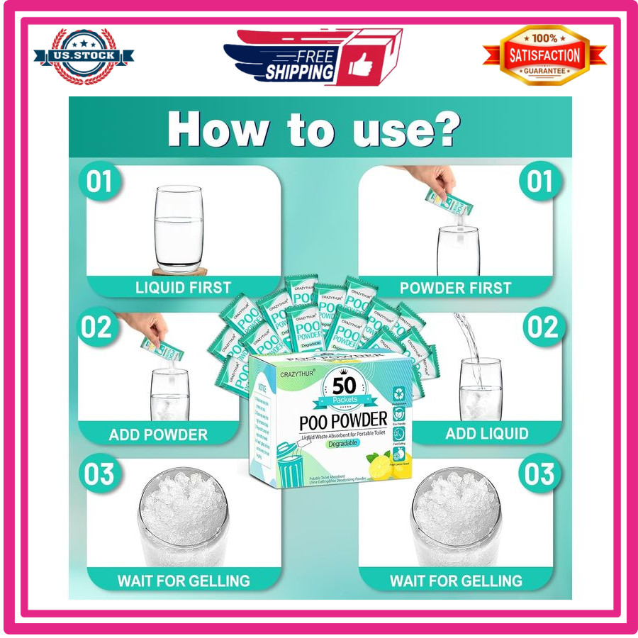 Portable Toilet Gel Powder for Camping,Hiking–Pee.Poo Powder for Outdoor Toilets