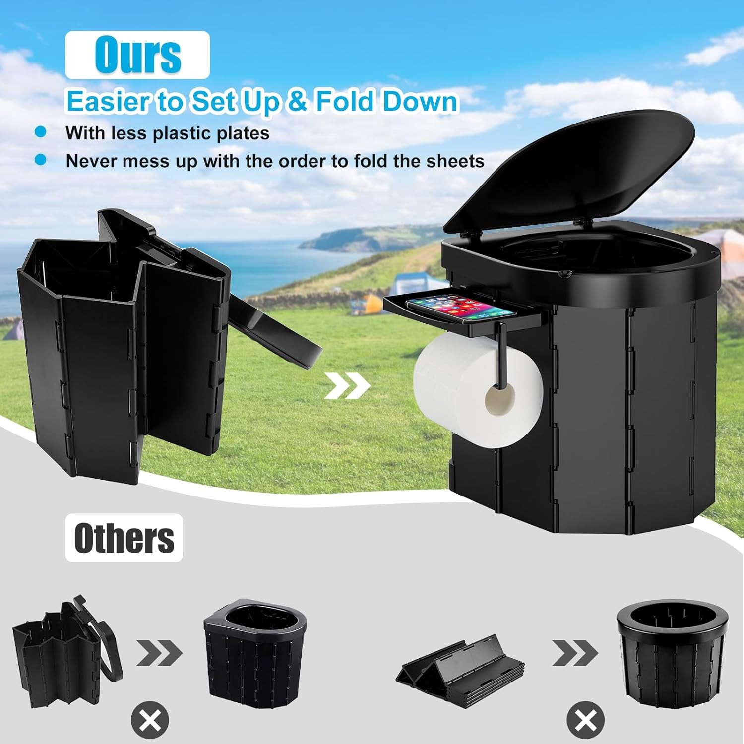 Portable Camping Toilet for Adults Foldable with Detachable Phone Shelf