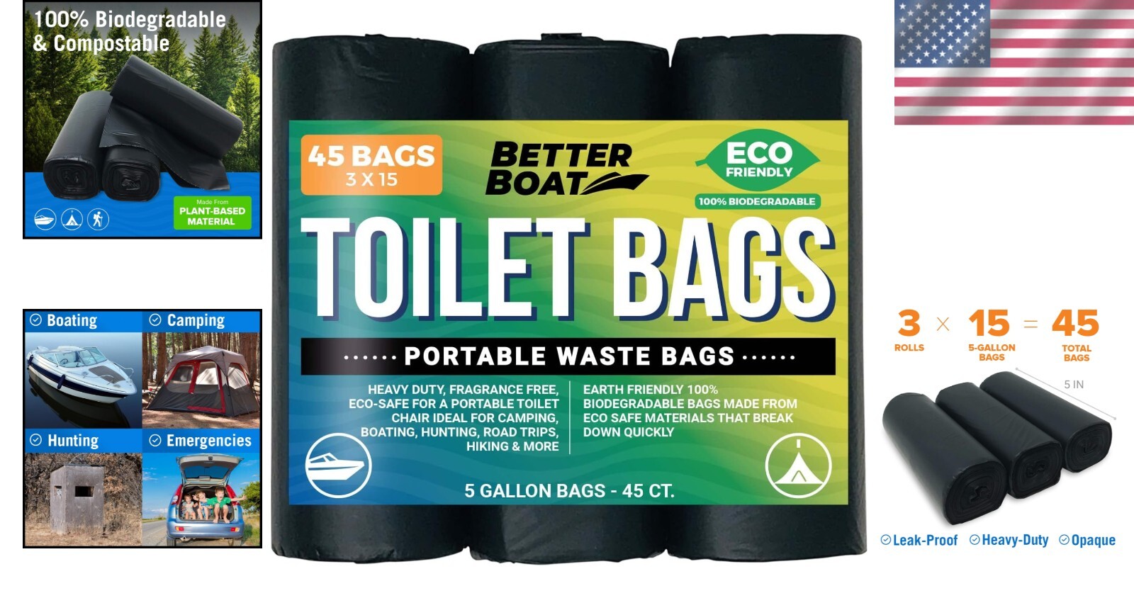 45 Biodegradable Toilet Bags – Eco-Friendly 5 Gallon Waste Bags for Camping