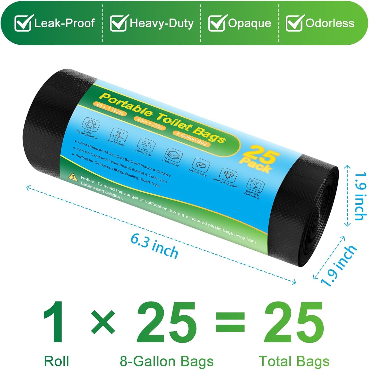 Portable Toilet Bags 8 Gallon Biodegradable Camping Potty Waste Bags 5Gal